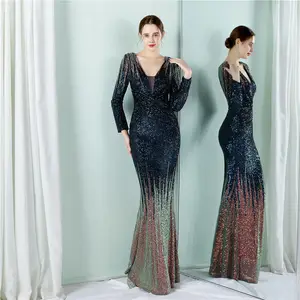 Sparkling Lady Dress Gradient Sequin Long Sleeve evening dresses women lady elegant Clothing