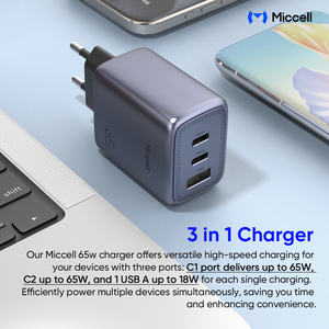 Miccell Draagbare Usb C Pd Telefoon Oplader 65W Type C Snel Opladen Android Telefoon Oplader Groothandel Gan 65W Mobiele Telefoon Oplader