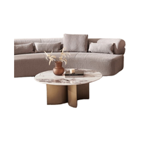 Table basse ronde moderne 2025 avec plateau en pierre, structure en métal doré et panneau en bois, mobilier pour hôtel et salon