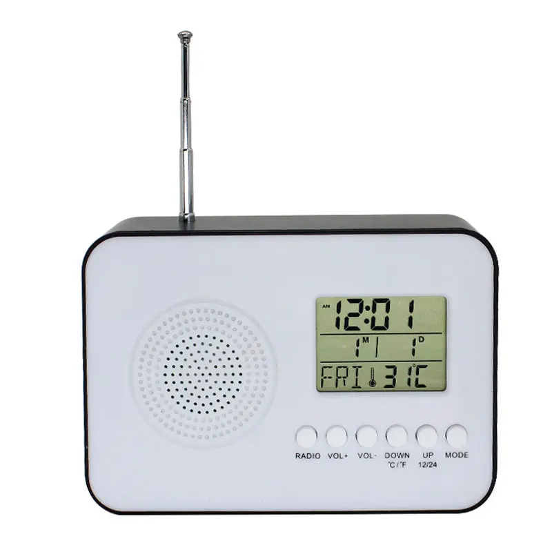 Relógio de temperatura personalizado com rádio FM portátil, calendário multifuncional, alarme digital, novo, 2024