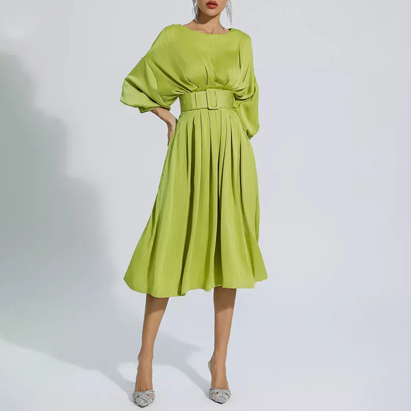 שמלת מידי סאטן קפלים עם שרוולים ארוכים בהתאמה אישית עם חגורה ירוקה בהירה עסקים נשים שמלות משרדיות נשים עבודה רשמית
