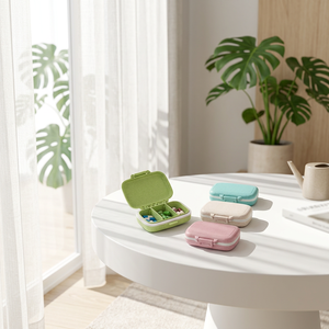 Étui à pilules portable en paille de blé avec 3 compartiments en vert, rose, beige et bleu pour le rangement en voyage - Product Image 4