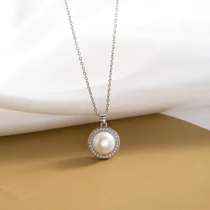 Micro Pave CZ Rounded Freshwater Natural Pearl Necklace