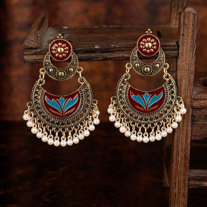 Ethnische Rosa Blumen-Halbmond-Ohrringe Bollywood Kundan Jhumka Böhmische Perlenohrringe für Damen Hochzeit - Product Image 3