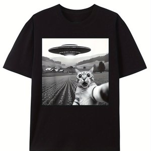 เสื้อยืดผู้ชาย 230G ลายแมวและยูเอฟโอสุดเท่สไตล์วินเทจ พิมพ์โลโก้ ผ้าฝ้าย 100% - Product Image 1