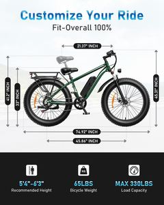 Bicicleta Elétrica de Montanha com Pneu Largo, Motor Traseiro Brushless 1000W, Bateria de Lítio 15AH, 26 Polegadas, 48V, 7 Velocidades, Suspensão Dianteira - Estoque EUA - Product Image 3
