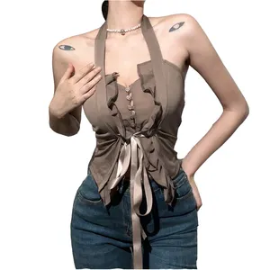 INS hot sell 2022 summer new style button sleeveless shirt women clothes fashion halter sexy low cut backless slim blouse ladies