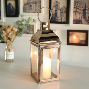 Lanterne en acier inoxydable de style nordique, décorations pour la maison, lanterne en métal, porte-bougie classique en or rose - Product Image 6