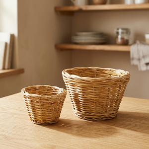 Lot de 2 paniers ronds en rotin naturel, écologiques, artisanaux, pliables et suspendables, en métal et bois, pour rangement domestique et organisation alimentaire - Product Image 3