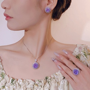 Parures de bijoux de mariage écologiques en cuivre pour femmes, avec fleurs, zircone cubique taille rose violette 14-10mm, pour mariée et banquet - Product Image 5
