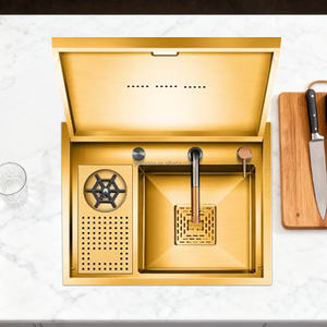 Nodma Gold/Black Handmade 304 Stainless Steel Luxury Nano Single Bowl Three Hole Undermount Modern <strong>Kitchen</strong> <strong>Sink</strong> With Cup Washer - Product Image 1