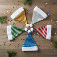 Chapeaux de Noël en polyester rayé et uni or-bleu, en soie brillante, avec bordure en peluche écologique de haute qualité, vente en gros