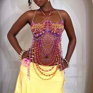 J5301 <span class=keywords><strong>Abbigliamento</strong></span> alla Moda, Top Sexy da <span class=keywords><strong>Donna</strong></span> con Perle Colorate, Gilet Halter per Nightclub - Product Image 1