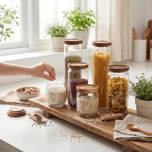Pot en verre transparent au design moderne pour le stockage de denrées alimentaires sèches, de céréales et d'épices - Product Image 5