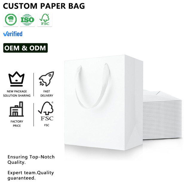 Custom Logo White Kraft Paper Bags with Handles Luxury Packaging with Ribbon Accessories for Promotion