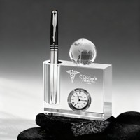 Porte-stylo en cristal noble personnalisé avec logo, horloge et globe pour la décoration de bureau, cadeau d'affaires
