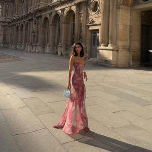 2025 модное роскошное элегантное розовое платье макси на тонких бретельках с цветочным принтом для женщин облегающее кружевное платье с оборками - Product Image 5