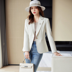 Off White Long Sleeve Blazer For Women Slim Fit Solid Color Polyester Worsted Casual Suit Jacket Autumn 2023 - Product Image 1