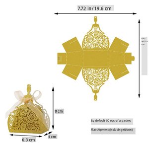 Kotak hadiah coklat pola pengantin sektor kertas mutiara berlubang kotak hadiah kecil gaun pernikahan kotak permen potong Laser dengan pita - Product Image 6