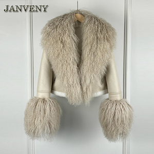 JANVENY 2024 <strong>Winter</strong> <strong>Warm</strong> Faux Leather Sheepskin Coat <strong>Women</strong> Large Real Wool Fur Collar Zipper Slim Biker Pu Leather Short <strong>Jacket</strong> - Product Image 6