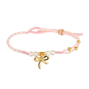 Bracelet en corde tressée rose pur Bracelet en perles en or massif 24 carats en forme d'arc légèrement dur - Product Image 1