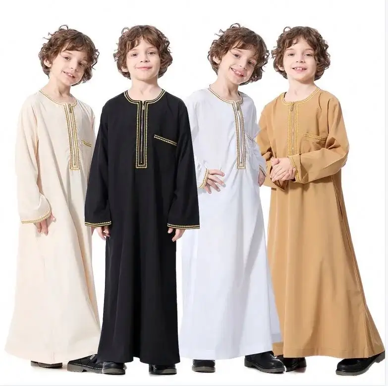 Baru 2024 Dubai Arab Muslim anak laki-laki pakaian jubah Abaya Kaftan pakaian Ramadan Islam Oman Arab Qatar anak Kaftan kostum