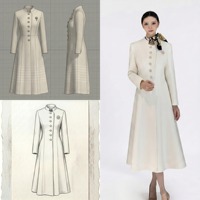 Mantel Panjang Wanita Warna Ivory Kerah Tegak Kancing Tertutup Model A-Line Maxi Overcoat Syal Sutra Resepsi Hotel Spa Custom