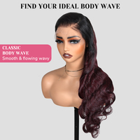 Perruques sans colle T1B/99J Ombre Body Wave en cheveux humains, perruque à dentelle frontale avec raie libre, coupe professionnelle en couches et couleur bordeaux vibrante