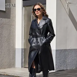 Women's Slim Pu Leather Coat Long Coat With Belt Women's Leather Trench Coats