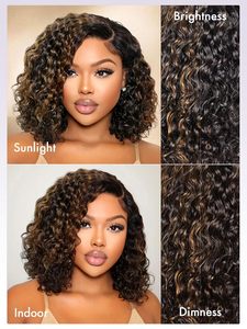 Parrucche Ricci Senza Colla da 10 Pollici, Capelli Umani Pre-Pizzicati e Pre-Tagliati, Senza Colla, HD Lace, Bob Ricci Corto Nero <span class=keywords><strong>con</strong></span> Riflessi Biondi - Product Image 3
