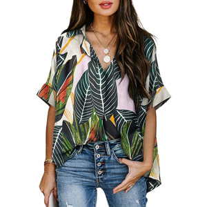 Blusa hawaiana con estampado personalizado de fábrica de <span class=keywords><strong>tregua</strong></span> a precio competitivo, blusas de manga corta de talla estadounidense para mujer - Product Image 1