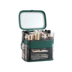 Boîte de rangement cosmétique 24L, organisateur de bureau avec miroir et compartiment à bijoux, couleur unie verte - Product Image 1