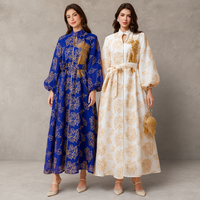 Robe longue maxi à col montant et manches bouffantes en fil doré avec ceinture, Abaya brodée pour femme, idéale pour l'Aïd, les vacances et les banquets