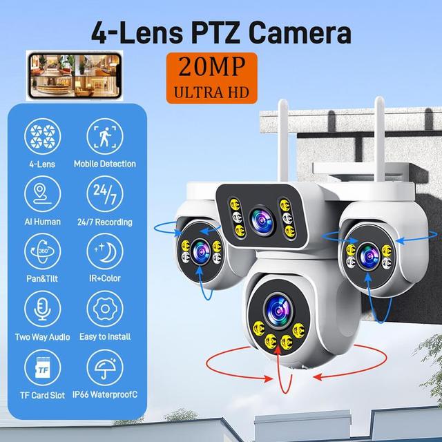 Regis HiEasy 20MP WIFI 4G 4 Lens 4 Screen Surveillance Outdoor Human Detection Two-Way Voice Intercom Home Security IP Camera