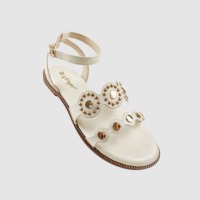 Sandales plates à double bride et perles métalliques pour femmes, à bout ouvert avec boucle réglable, confortables et légères pour l'extérieur