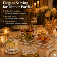 Plateau de service personnalisé en acrylique usiné CNC, bols, sous-verres, poignées dorées, décor transparent comme du cristal, services de fraisage et de perçage