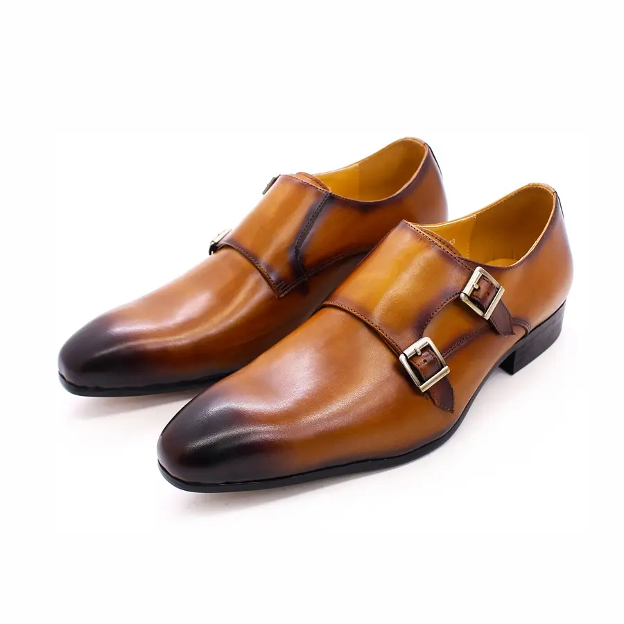 Tamaño 39-46 de cuero genuino Mens doble correa de monje vestido de zapatos de la boda negro marrón puntiagudo dedo del pie hombres Formal zapatos de negocios