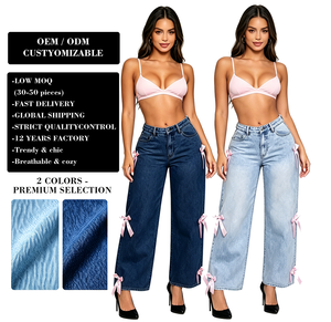 Jeans de <span class=keywords><strong>mujer</strong></span> de cintura alta con lazo, pierna ancha, elásticos, holgados, estilo vintage Y2K, largos hasta el suelo, tendencia 2026 - Product Image 1
