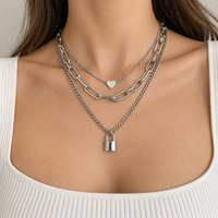 Ensemble de colliers superposés couleur argent avec pendentifs cœur et cadenas, chaîne trombone, bijoux de mode punk pour femmes et filles, cadeau de fête