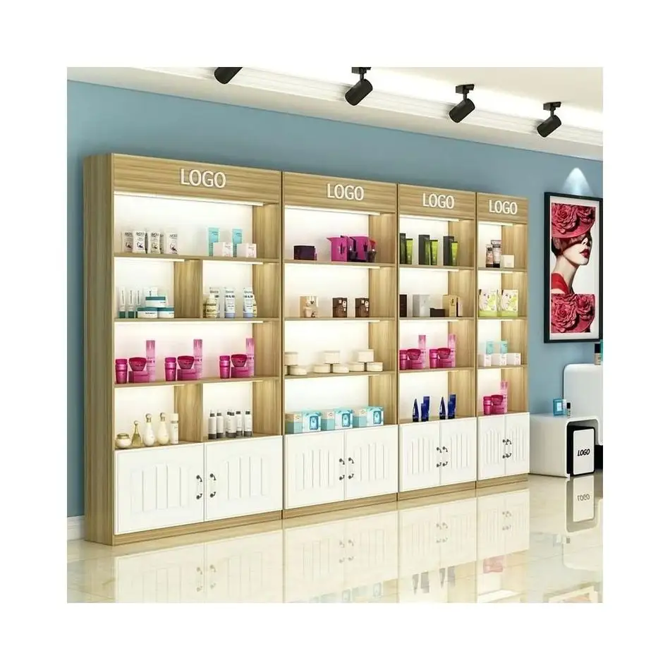 Store Cosmetic Integriertes Regal Design Holz Display Zähler Hautpflege Display Regale Beauty Salon Makeup Display Tisch