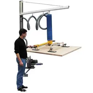 Forceful robot arm of plywood vacuum lifter to handing wooden table board