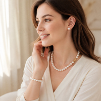Set Perhiasan Mutiara, Kalung dan Gelang Mutiara Air Tawar Alami Bentuk Bulat, dengan Anting Mutiara Model Bread Pearl, Hadiah Stylish untuknya