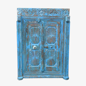 Cadre de fenêtre en bois bleu antique artisanal Haswani, rustique, vintage, sculpté, décoratif, en bois massif pour la maison - Product Image 1