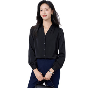 Women's Blue Long Sleeve Shirt Solid Color Polyester Workwear Formal Uniform - Product Image 5