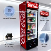 Réfrigérateur commercial vertical à porte vitrée simple pour boissons gazeuses, refroidisseur de boissons R290 avec éclairage LED, autocollant personnalisé OEM