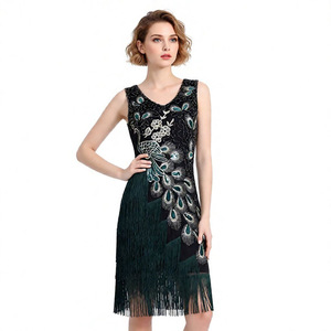 Gatsby 1920s Retro <b>Sequined</b> Dress V-neck Empire Waist Sheath Evening Gown with Tassels and Beads for Women - Product Image 2