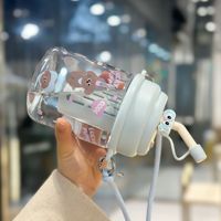 Gourde réutilisable en PC de 800 ml pour filles, incassable, avec double paille et motif de dessin animé, idéale pour l'extérieur