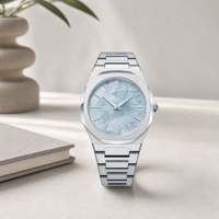 Montre pour homme avec logo personnalisé, bracelet intégré en acier inoxydable de luxe, cadran texturé bleu glacé, lunette octogonale, ultra-fine, quartz, 5 ATM
