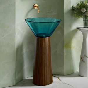 Lavandini in resina colorata di cristallo e grana di legno in <span class=keywords><strong>acciaio</strong></span> inossidabile combinazione di piedistallo Free Standing Art <span class=keywords><strong>lavandino</strong></span> <span class=keywords><strong>bagno</strong></span> lavabo - Product Image 1