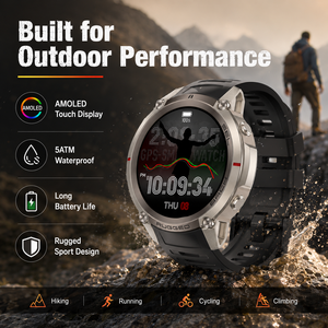 นาฬิกาสมาร์ทวอทช์ DM59 รุ่นทนทาน พร้อม GPS หน้าจอ AMOLED 1.43 นิ้ว กันน้ำ IP67 แผนที่ออฟไลน์ เครื่องวัดความสูง เข็มทิศ รับสาย โทรออก ปฏิทิน รองรับ Android - Product Image 6
